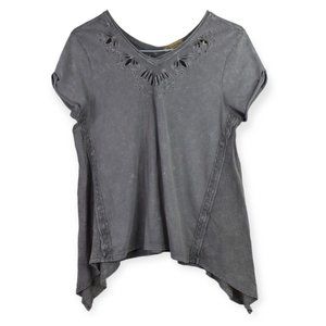 Demoracy Blouse M Womens Gray Distressed Sharkbite Hem Cotton Blend Short Sleeve